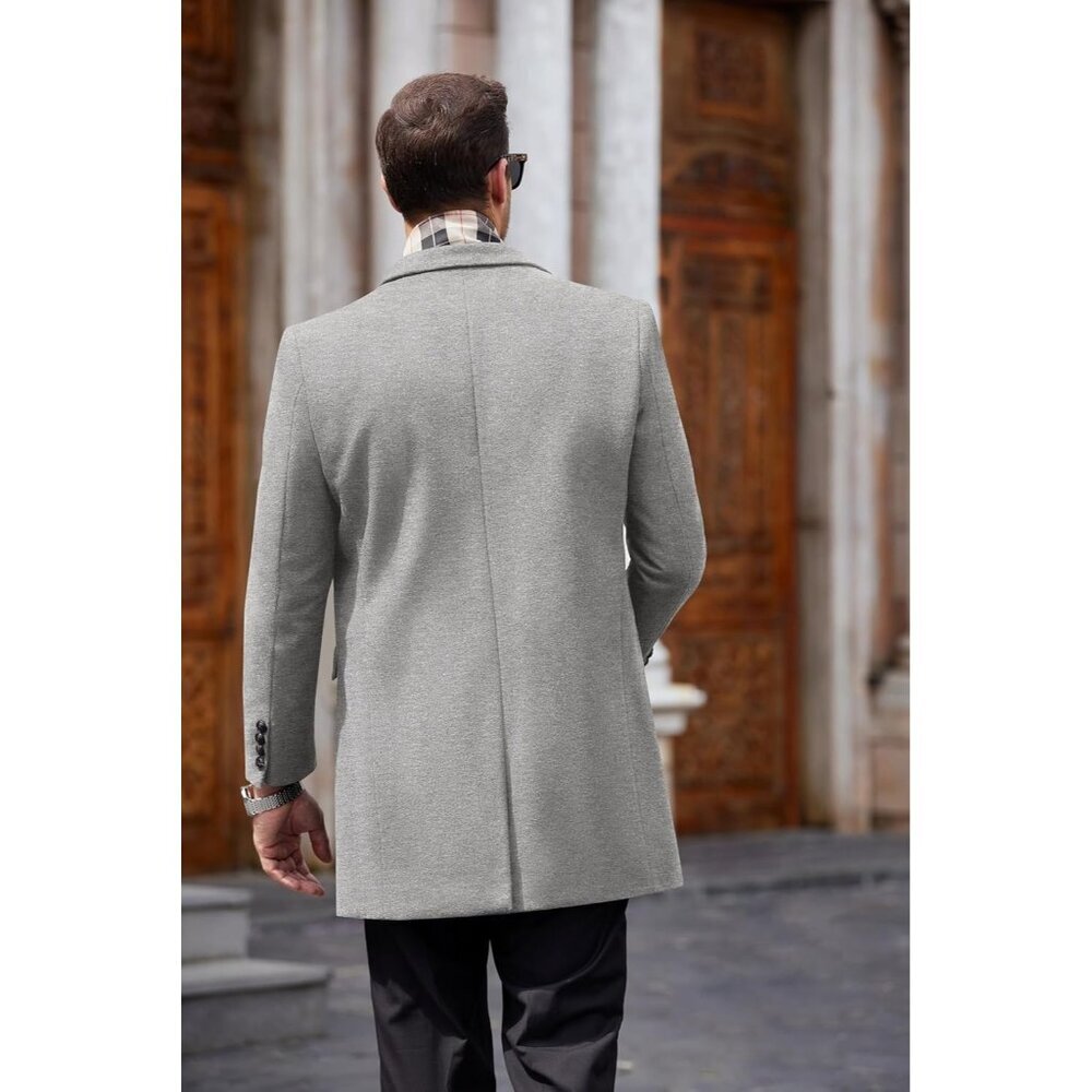 Men's Wool Blend Coat Detachable Plaid Scarf Notched Collar Pea Coat Light Grey - Picture 6 of 6